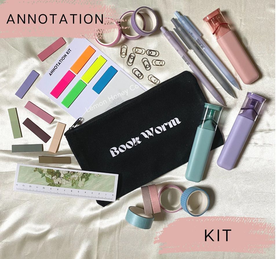 Image of a book annotation kit including highlighters, washi tape, a pouch, and more. 