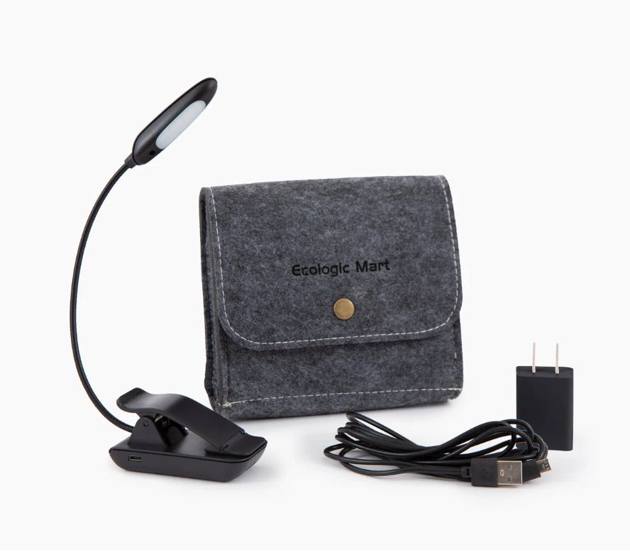 Image of a black book light with case and charging cord.