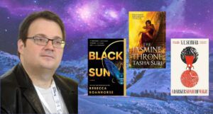 Image of brandon sanderson with three books by authors like him