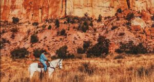 a photo of a man on horse in from of mountain