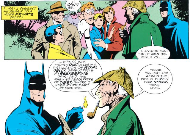 Sherlock Holmes explains the source of his apparent immortality to Batman, Robin, Elongated Man, and Slam Bradley.