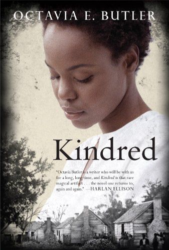 cover image of Kindred by Octavia Butler; photo of a young Black woman in a white shift