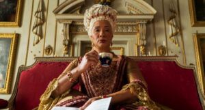 Golda Rosheuvel as the character Queen Charlotte in a still frame from Bridgerton, Season 2