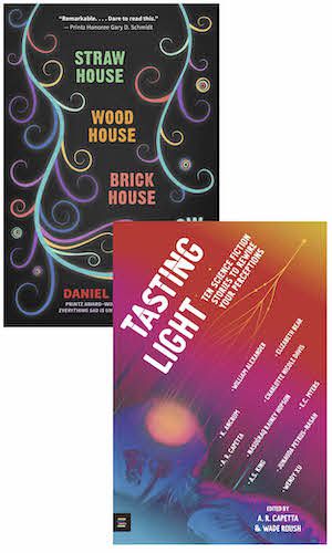 Book covers of Tasting Light: Ten Science Fiction Stories to Rewire Your Perceptions Edited by A.R. Capetta & Wade Roush and Straw House, Wood House, Brick House, Blow by Daniel Nayeri