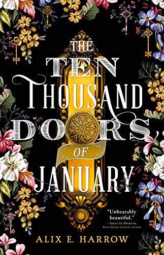 cover of The Ten Thousand Doors of January by Alix E. Harrow, showing a gold doorknob surrounded by flowers against a black background