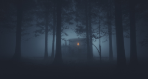 a photo of a house in the woods at night, surrounded by fog