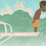 a cropped cover of Jabari Jumps showing a young Black boy at the end of a diving board looking down apprehensively