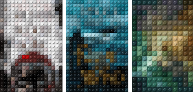 three fantasy book covers pixelated in lego pieces