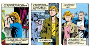 Three panels from Superman #15. All have narration boxes with the text in them in quotation marks to indicate that they are Maggie's flashbacks. Panel 1: Maggie, with long hair, leans forward against the wall in her home, her face in shadow. Maggie: With him gone almost all the time I was adrift. My carefully fabricated life was coming apart in my hands. Panel 2: Maggie, with short hair now, glances at another woman in a bar, looking troubled. Maggie: That was when I finally started to come face to face with myself. Panel 3: Maggie walks away from her husband Jim, who is yelling at her. Maggie: Jim couldn't handle it at all. What was left of the marriage - which wasn't much - dissolved into mud.